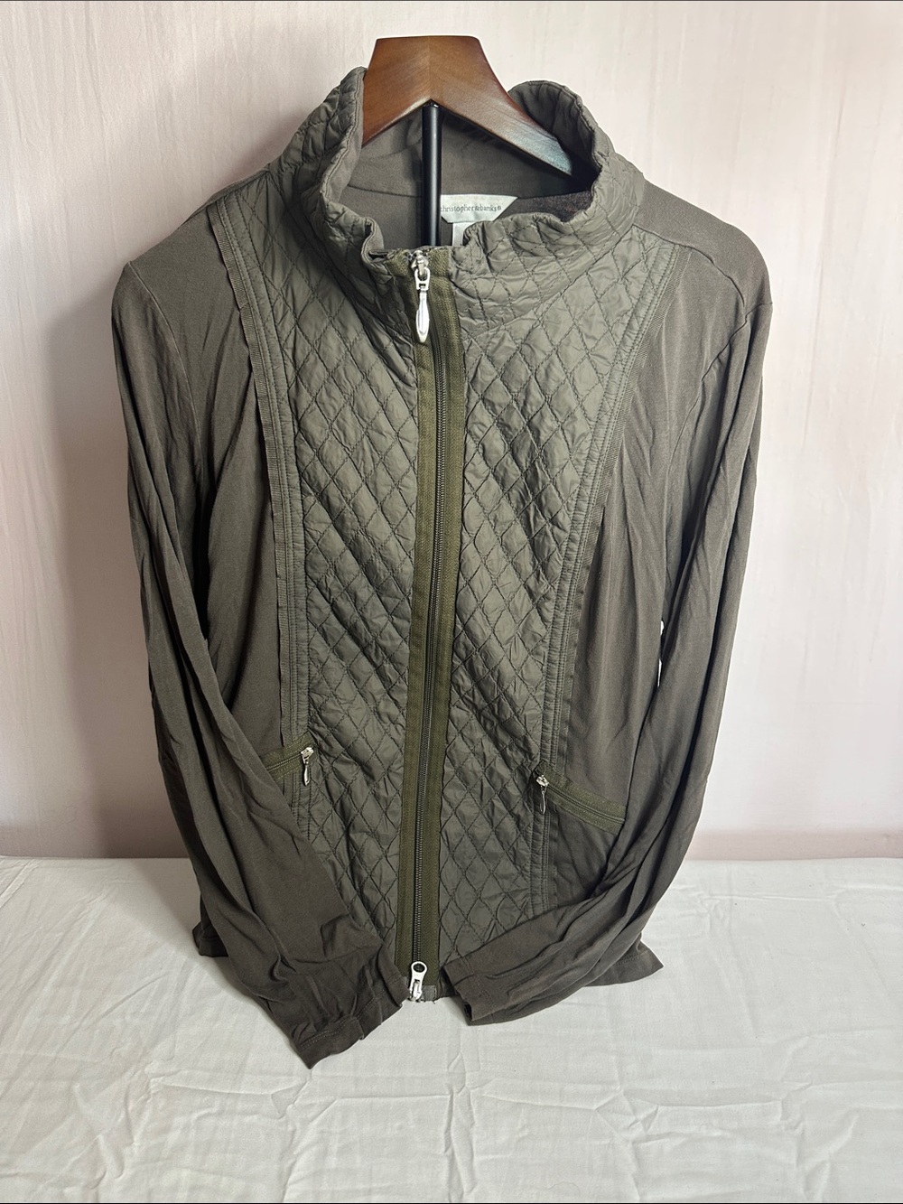 Christopher & Banks Olive Quilted Front Zip Utility Jacket
